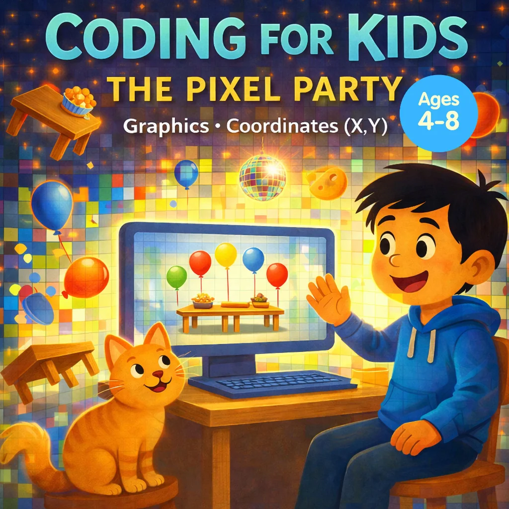 Coding for Kids: The Pixel Party: A Fun Introduction to Computer Graphics, Coordinates (X,Y), and Spatial Thinking for Kids Ages 4–8 cover
